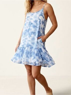 Cyn & Luca Blue Tie-Dye Ruffled Mini Slip Dress Semi-Sheer Swim Cover-Up Size S